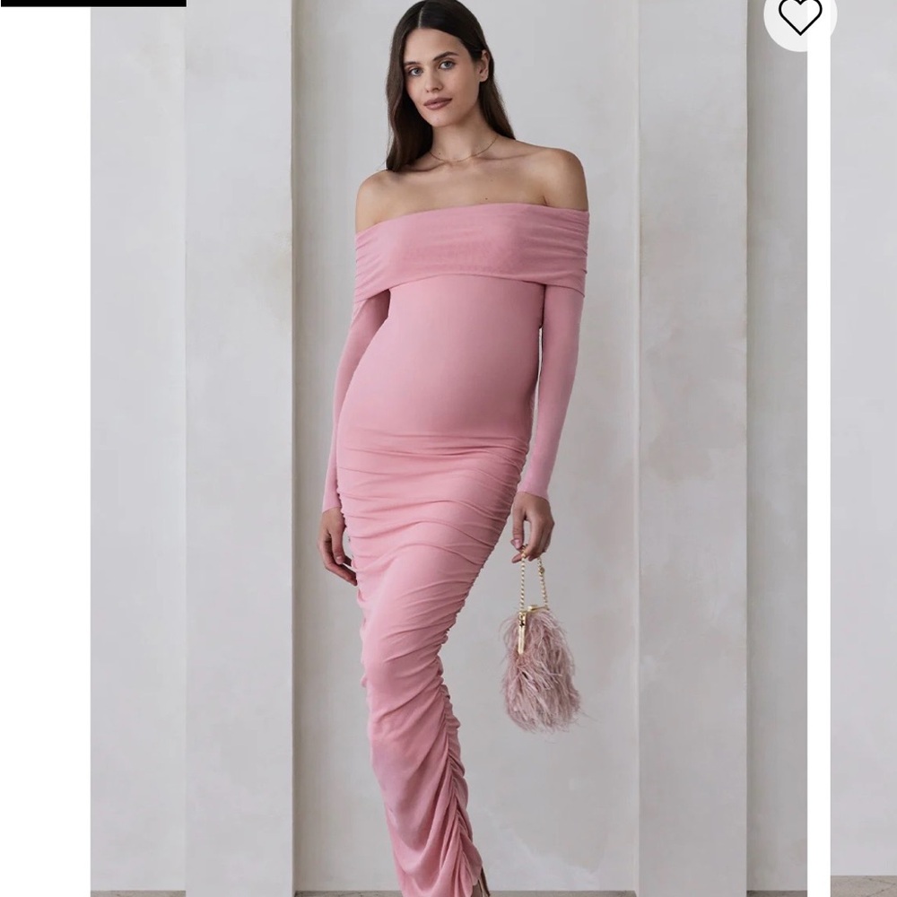 Off-the-Shoulder Long Sleeve Ruched Maxi Dress in Blush Pink